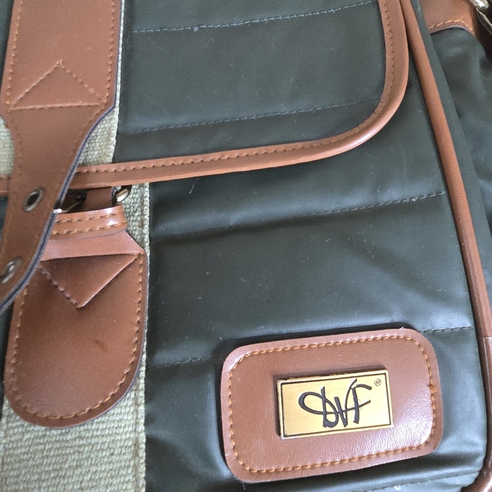 VTG Diane Von Furstenberg Green Tan Military Field Messenger Bag - Picture 7 of 12